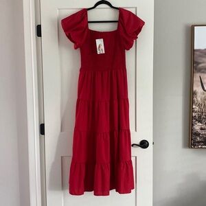 NEW WITH TAGS PrettyGarden red puff sleeve tiered, midi dress size L